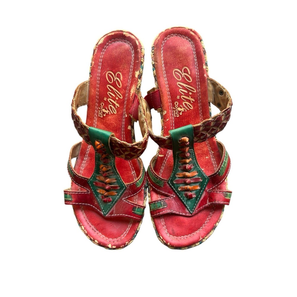 ELITE BY CORKY'S LEATHER POPPY TURQUOISE WEDGE SLIP-ON MULES SANDLES size 9